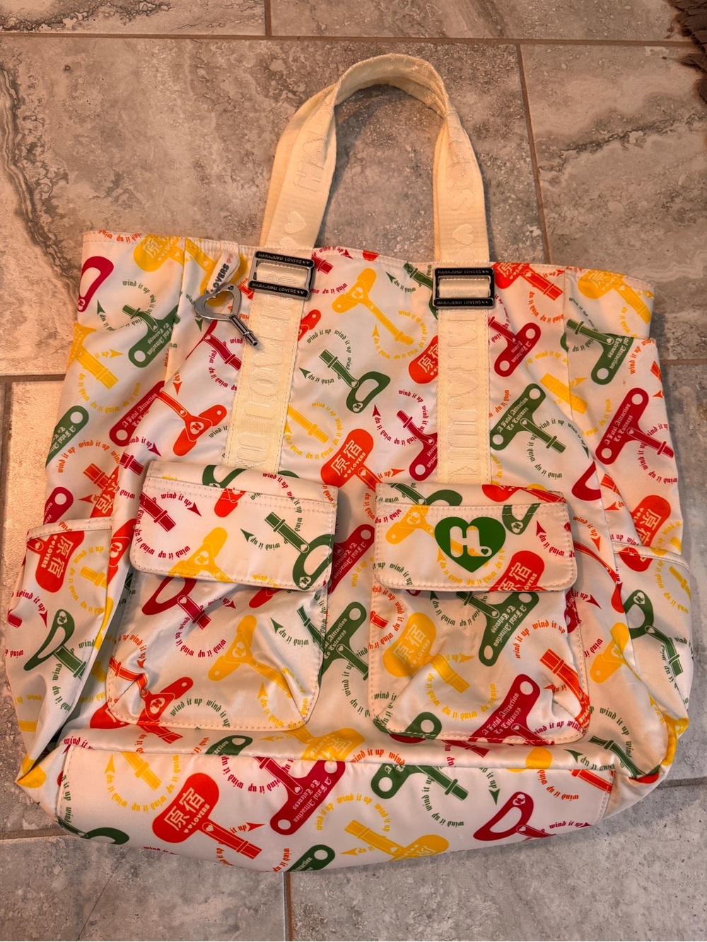 Multicolor Printed Canvas Tote Bag with Front Pockets - Harajuku Lovers